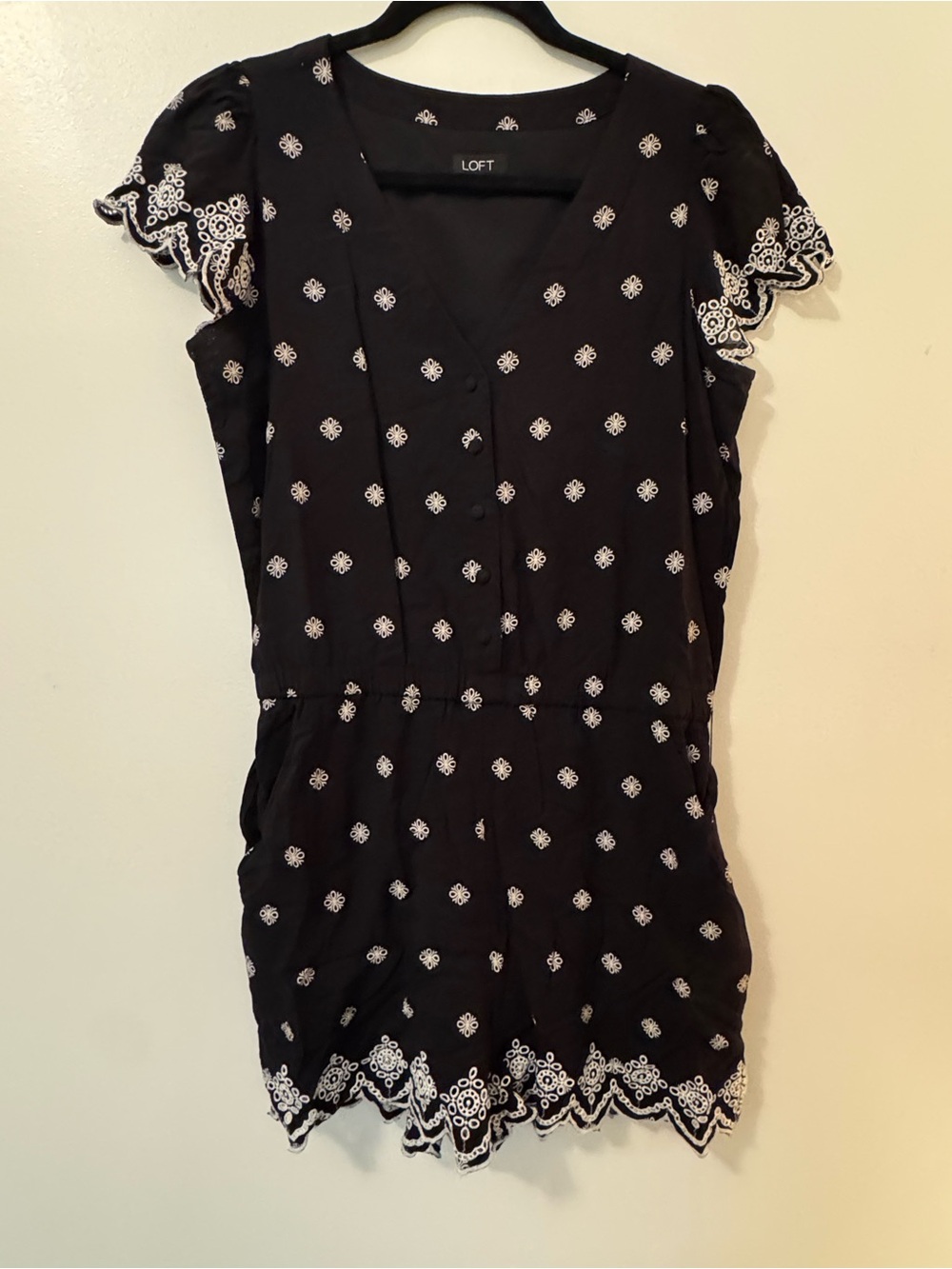 LOFT Black Embroidered V-Neck Short Sleeve Tunic